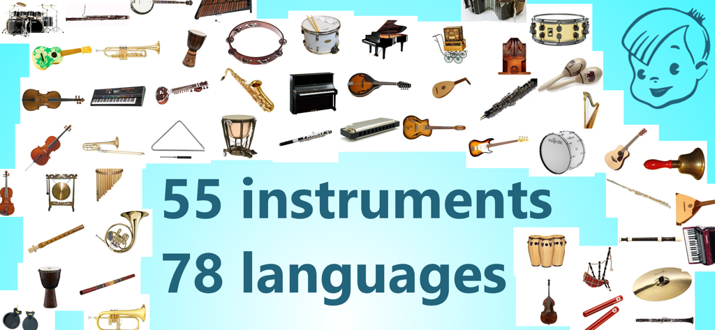 Instruments - Colagem de 55 instrumentos musicais com texto destacando 78 idiomas disponíveis para o aprendizado infantil