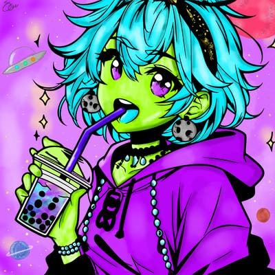 hot baddie anime girl drinking boba and biting the straw