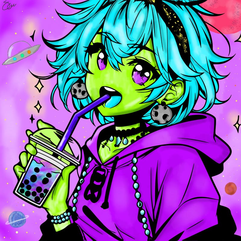 hot baddie anime girl drinking boba and biting the straw