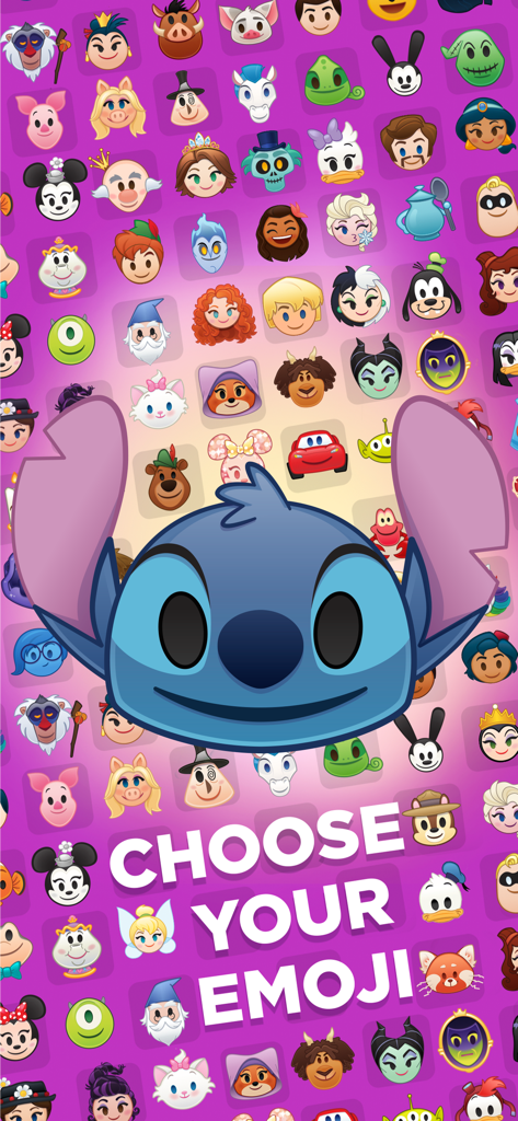 Disney Emoji Blitz game screen featuring Stitch and a variety of Disney character emojis with the text Choose Your Emoji