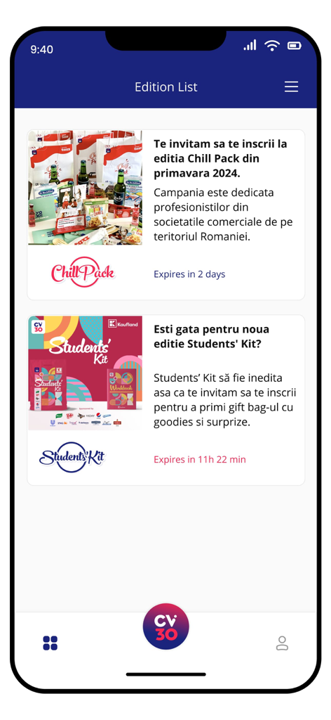 CV30 - Schermata mobile che mostra un elenco di campagne promozionali per omaggi e pacchi regalo sull'app CV30
