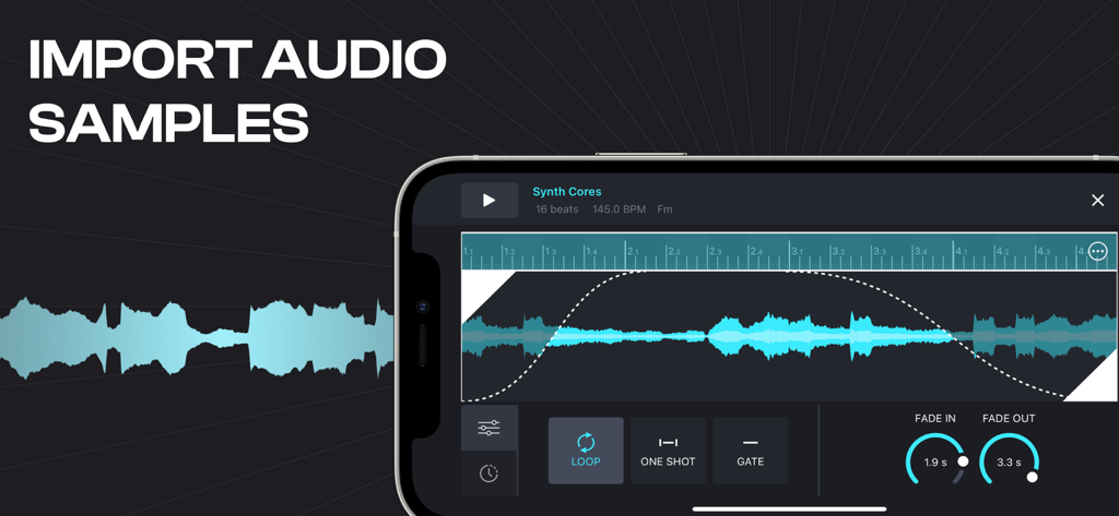 Remixlive - Make Music & Beats - 페이딩 및 루핑을 위한 편집 도구와 함께 수입된 오디오 샘플 파형을 보여주는 Remixlive 앱의 모바일 인터페이스.