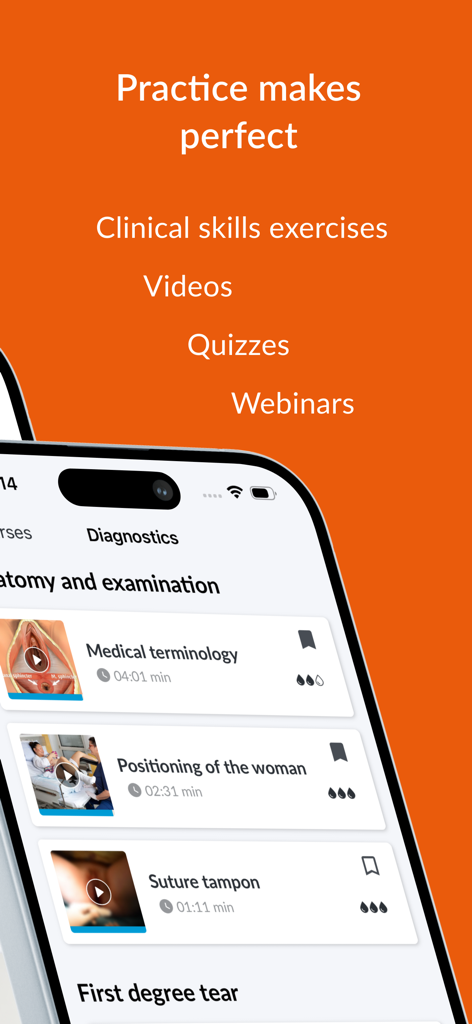 GynZone app interface featuring clinical skills exercises and medical training videos
