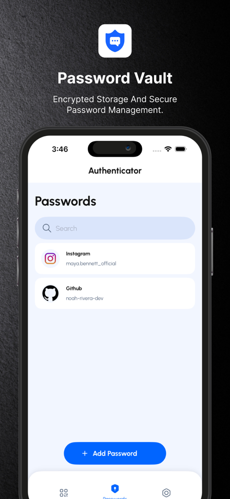 2FA Authenticator™ MFA Authy - Password vault feature in the 2FA Authenticator app showing encrypted account storage for Instagram and Github