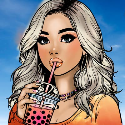 realistic girl drink a boba
