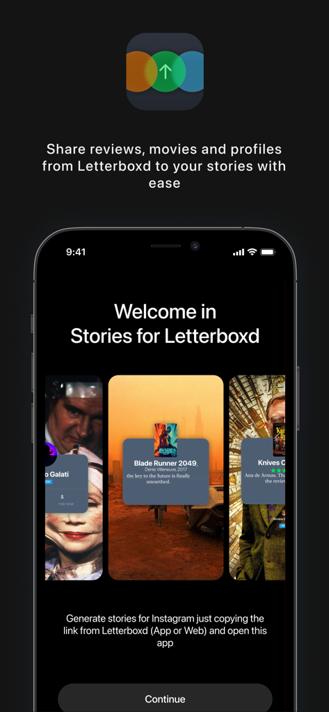 Stories For Letterboxd - Tela de boas-vindas do aplicativo Stories for Letterboxd mostrando modelos de críticas de filmes para o Instagram Stories