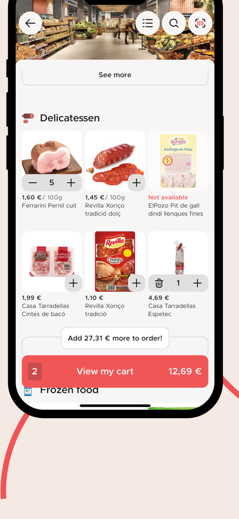 CityXerpa - Andorra's app - CityXerpa mobile app grocery interface showing a selection of delicatessen meats and a shopping cart view.