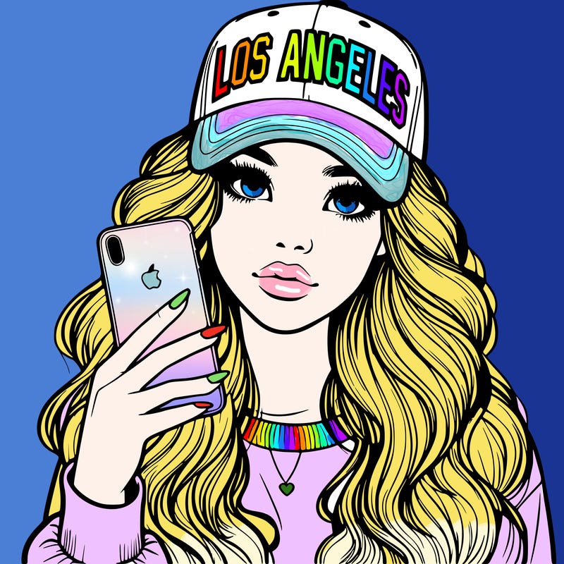 realistic beautiful girl wearing los ángeles cap holding an iphone