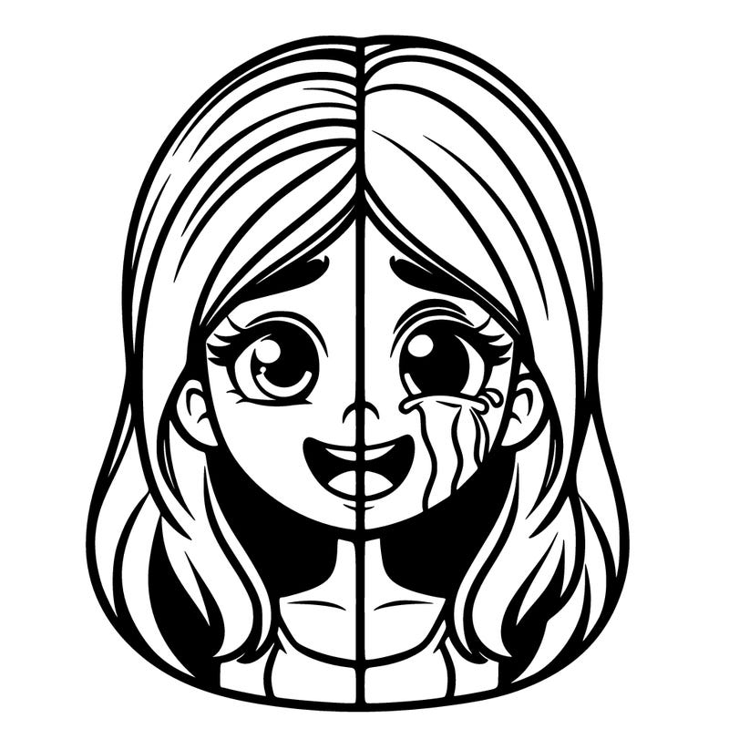 half happy girl half crying girl realistic
