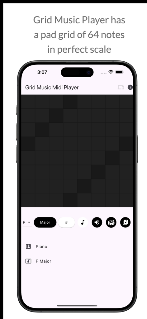 Grid Music Midi Player - Interface do aplicativo Grid Music Midi Player mostrando um layout de grade de 64 pads em um iPhone para produção musical.