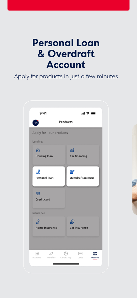 Hellenic Bank mobile app screen showing options to apply for personal loans overdraft accounts and insurance products