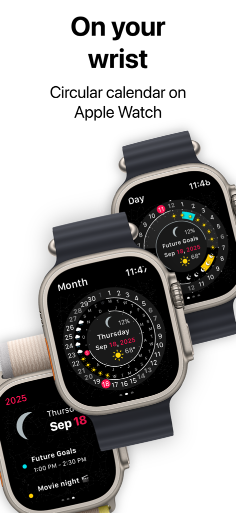 Kreisförmige Kalender- und Planansichten auf Apple Watch-Bildschirmen
