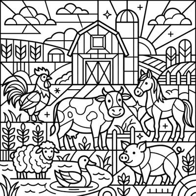 Bring the farm to life with this unique stained-glass style coloring page! Featuring adorable farm animals and a classic barn, it's perfect for a creative escape.