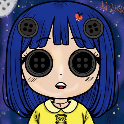 girl with button eyes and not smiling