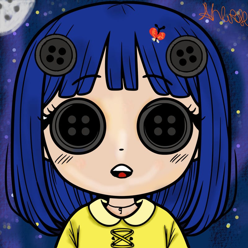 girl with button eyes and not smiling