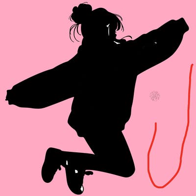 realistic girl jumping with a bun and oversized sweatshirt