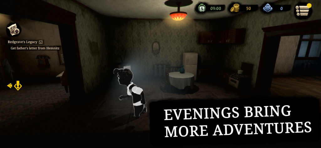 Beholder 2 - Silhouette character in a dimly lit apartment with the text Evenings Bring More Adventures.