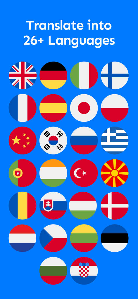 Smart CV: Resume Maker - Interface of Smart CV Resume Maker showing translation support for over 26 languages with various national flag icons.