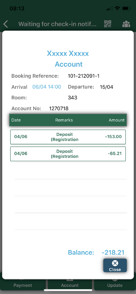 Theova Guest Mobile Services - Interfaz de aplicación móvil que muestra los detalles de la reserva del hotel, el número de habitación y un resumen del saldo de la cuenta.