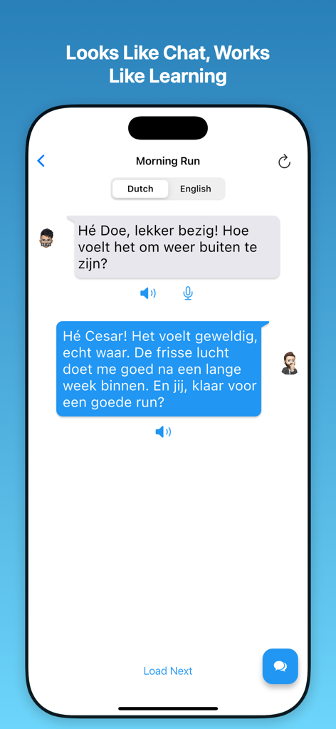 AI language learning chat interface showing a conversation in Dutch