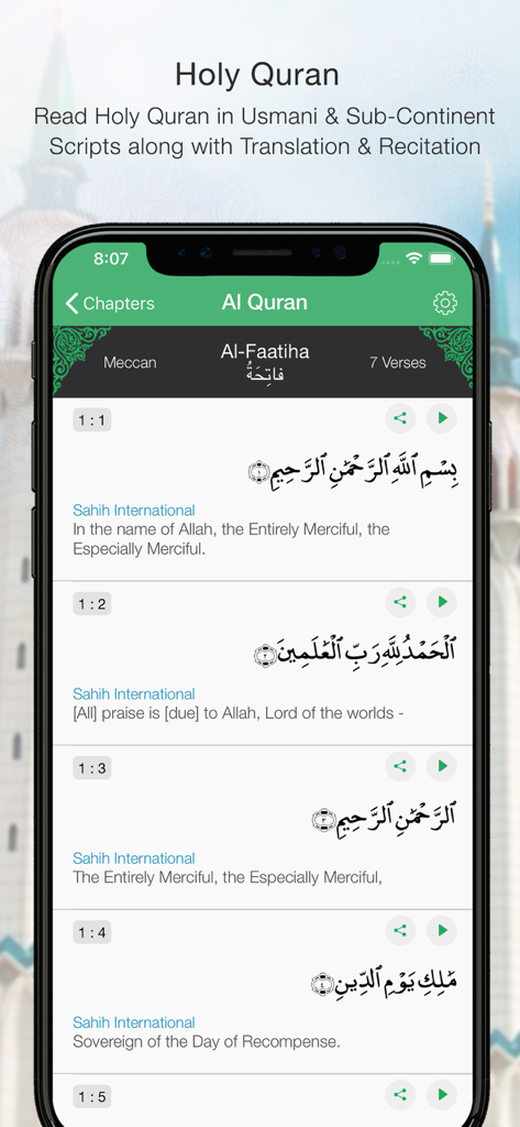 Islamic Prayer Times app interface showing Quran verses with Arabic script and English translation