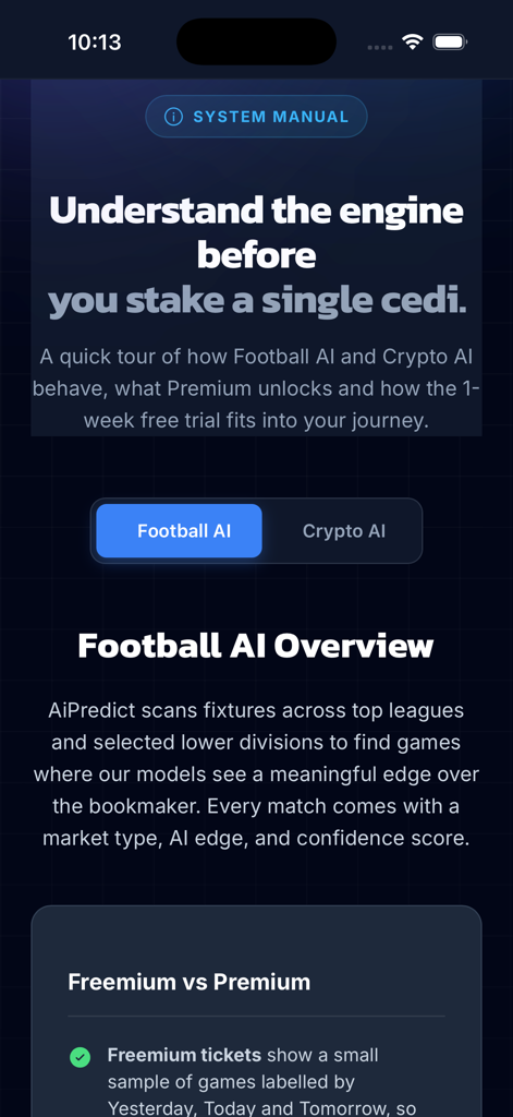 AiPredict - Football & Crypto - Vista general de IA de fútbol de la aplicación AiPredict y manual del sistema.