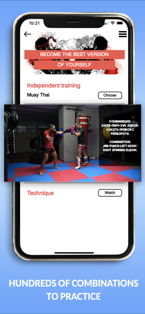 Champ Training: Boxing MMA MT - Interfaz de la aplicación móvil Champ Training mostrando una demostración en video de una combinación de Muay Thai en un gimnasio.