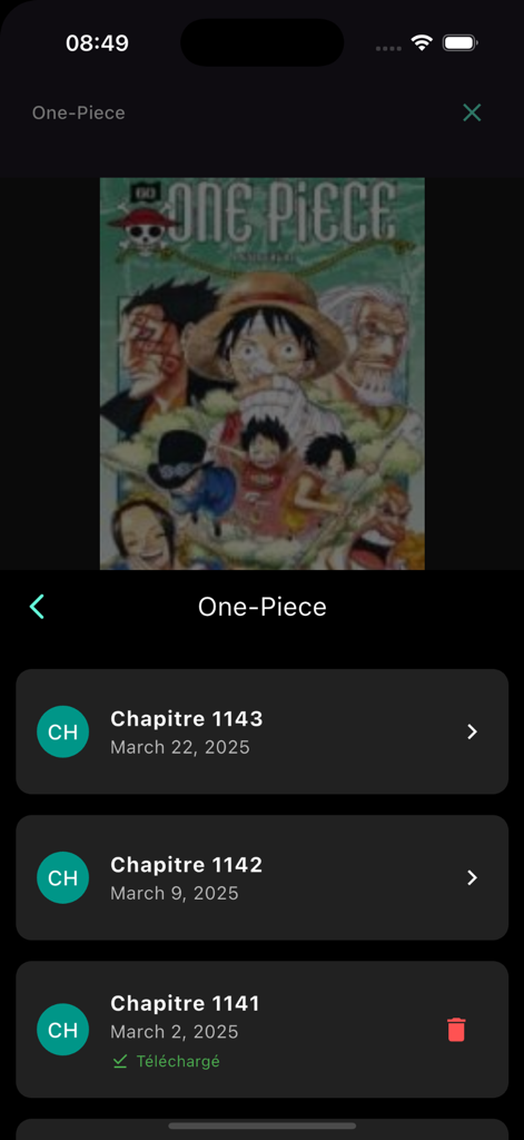 Manga No Rakuen - Pantalla de selección de capítulos de la aplicación Manga No Rakuen para la serie One Piece con estado de descarga sin conexión.
