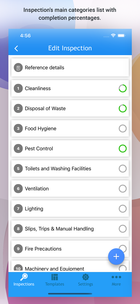 A mobile app screen showing a list of audit categories with completion status indicators.