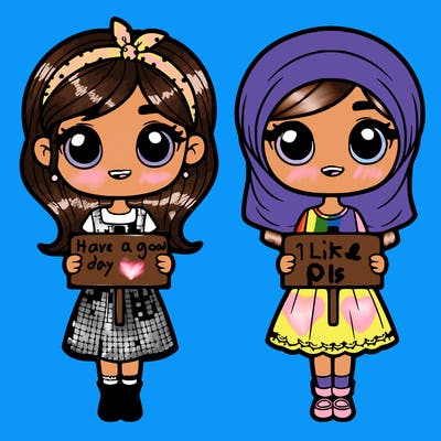 2 girls holding signs and have cute dresses