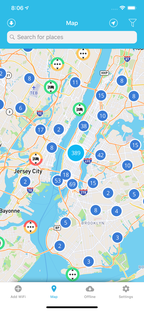 WiFi Finder + Map - Map of New York City showing available WiFi hotspots in the WiFi Finder app