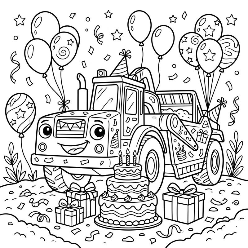 Get ready to celebrate with this joyful coloring page featuring a friendly scraper at its very own birthday party! Young construction fans will love bringing this festive scene to life with their favorite colors.