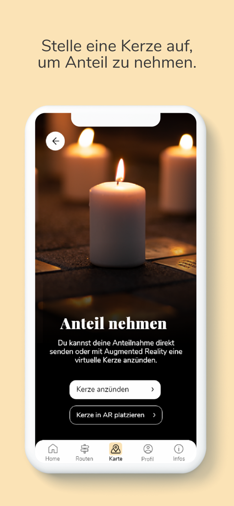Stolpersteine NRW - Smartphone screen displaying the virtual candle memorial feature in the Stolpersteine NRW app.