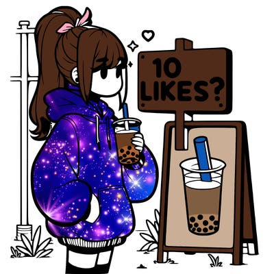girl with oversized hoodie drinking boba and she has a high ponytail with a sign that says 10likes?