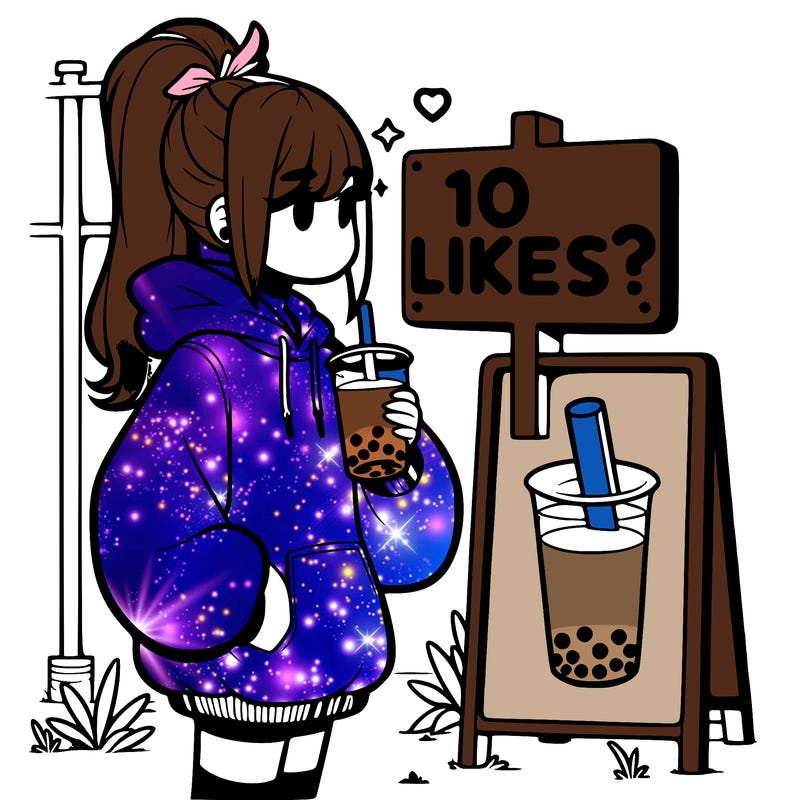 girl with oversized hoodie drinking boba and she has a high ponytail with a sign that says 10likes?