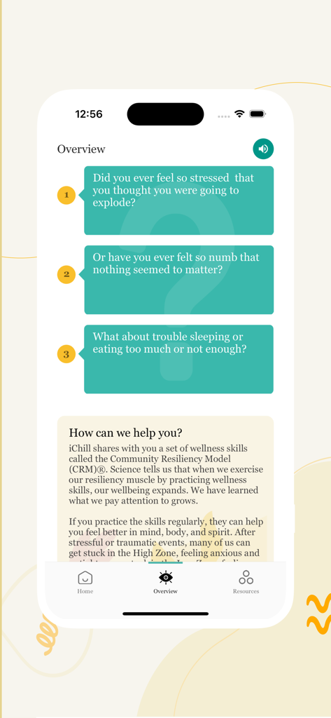 iChill - Overview screen of the iChill app showing introductory questions about stress and the Community Resiliency Model