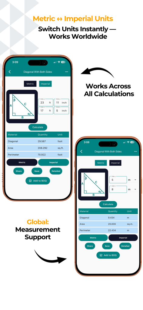 Construction Calculator A1 - 建設計算のためにメートル法とヤード・ポンド法の単位を切り替える機能を示すアプリインターフェイス。