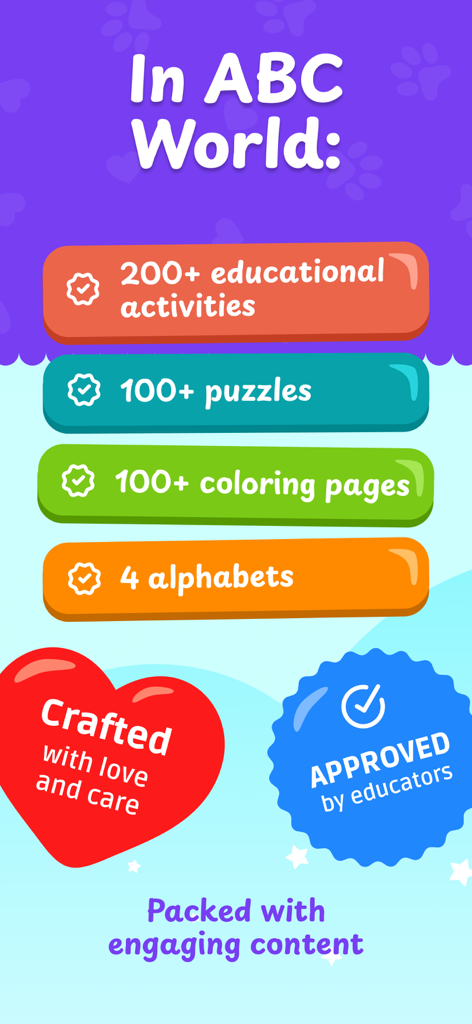 ABC. Learn Alphabet for Kids - Educational app feature list for kids showing over 200 activities 100 puzzles and coloring pages plus an educator approved seal