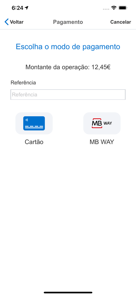 A mobile interface for App Caixa Pay showing options to choose between card or MB WAY payment methods for a transaction of 12.45 euros.