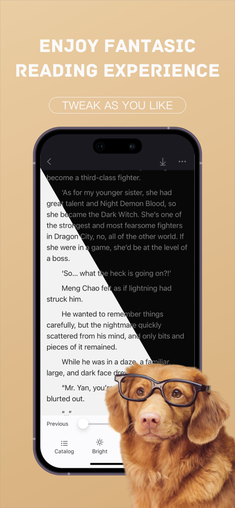 Puppr Novel -Romance & Fantasy - Interfaz de lectura de la aplicación móvil Puppr Novel con opciones de personalización de modo claro y oscuro