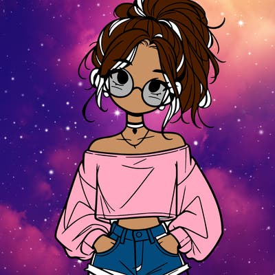 girl with a messy ponytail glasses a baggy crop top and jean shorts