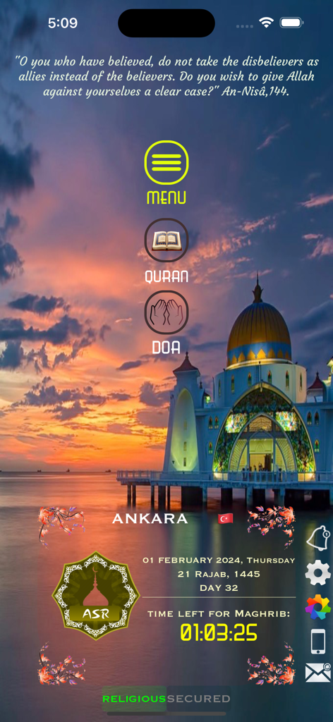 Écran d'accueil de l'application Muslim Prayer Times Pro présentant un compte à rebours de prière et un arrière-plan de mosquée au coucher du soleil.