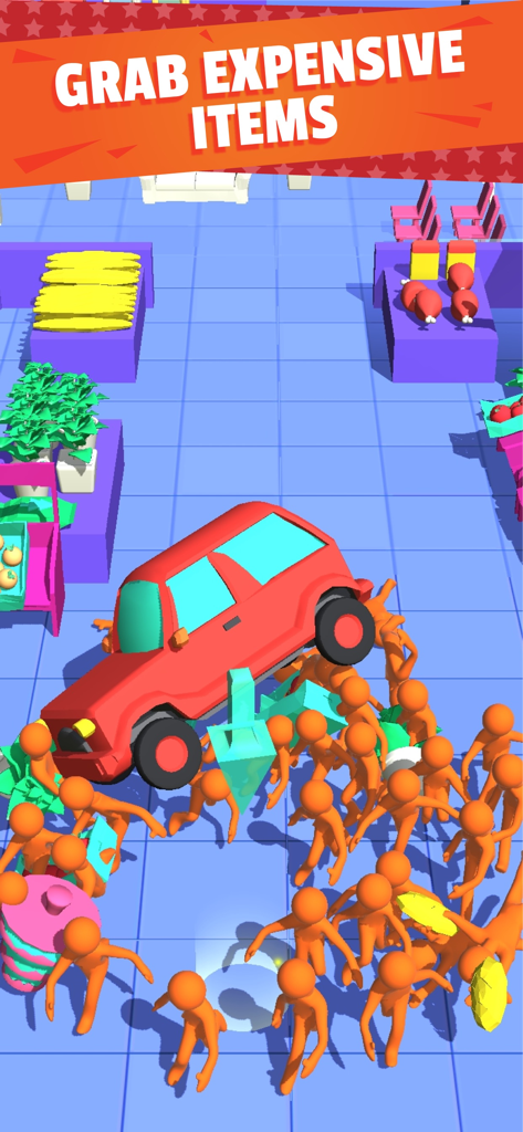 A crowd of characters carrying a red car in the Crazy Shopping game