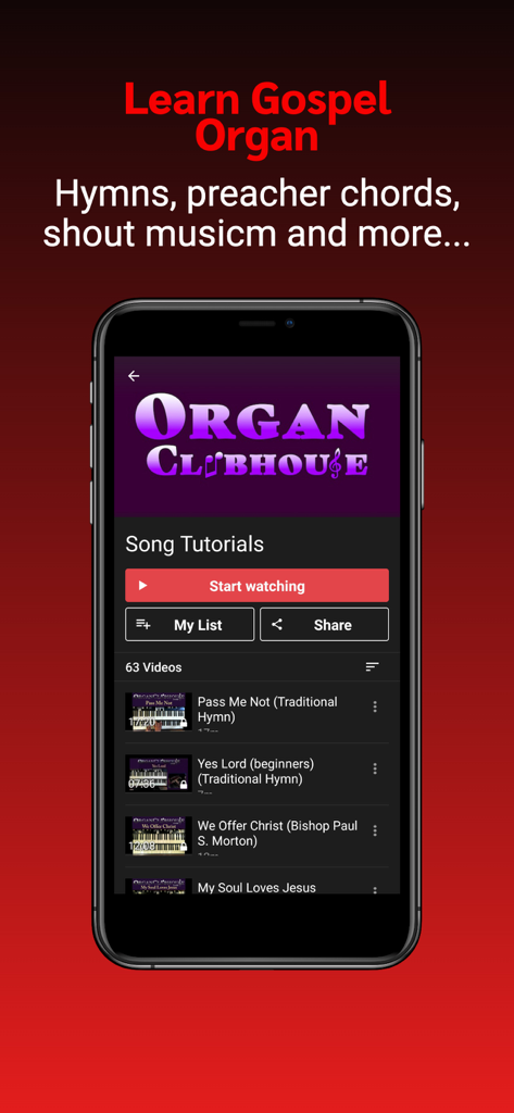 The CDub Network - The CDub Network app interface showing a list of gospel organ song tutorials for hymns and preacher chords