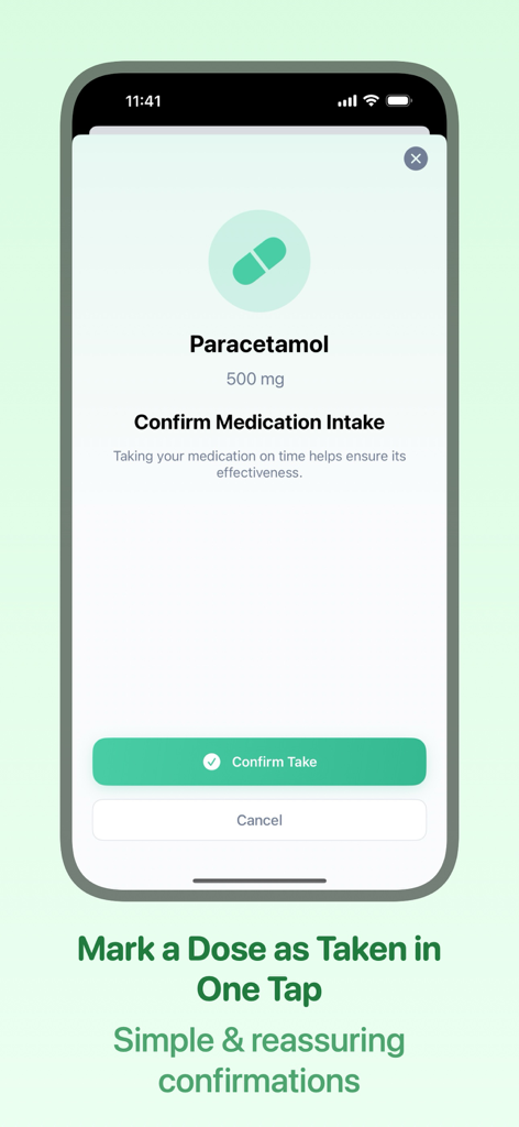 Pillio Pill Reminder & Tracker - A mobile app screen for Pillio showing a button to confirm taking a medication dose of Paracetamol.