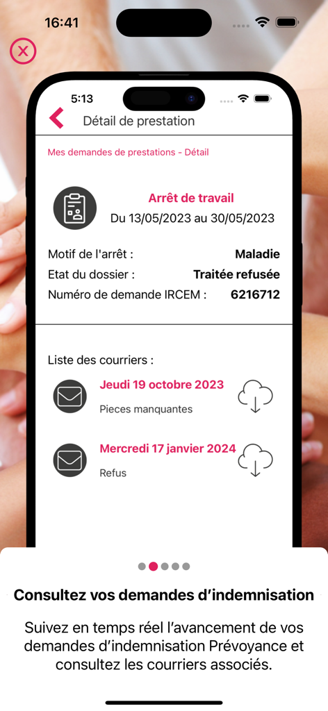 IRCEM Espace Client - Écran de smartphone affichant l'interface de l'application IRCEM avec les détails d'une demande de congé de maladie traitée et les documents disponibles au téléchargement.