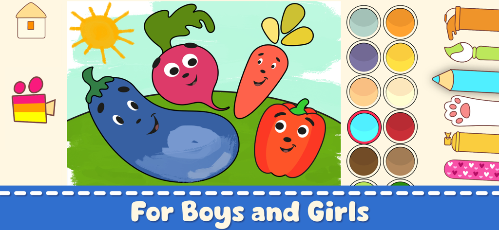 Coloring Games Kids・Babies 2-6 - Interface de colorir interativa para crianças com vegetais de desenho animado e ferramentas de pintura