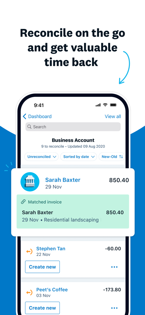 Xero Accounting for business - Schermata dello smartphone che mostra l'app Xero Contabilità con riconciliazione bancaria e funzionalità di fattura abbinata