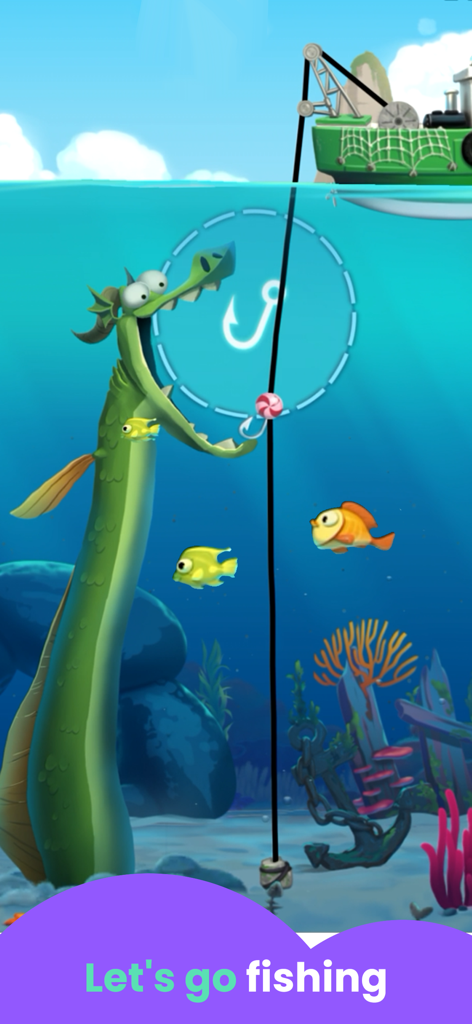 Sea Monster Fishing Games - Underwater fishing scene with a friendly sea monster and colorful fish