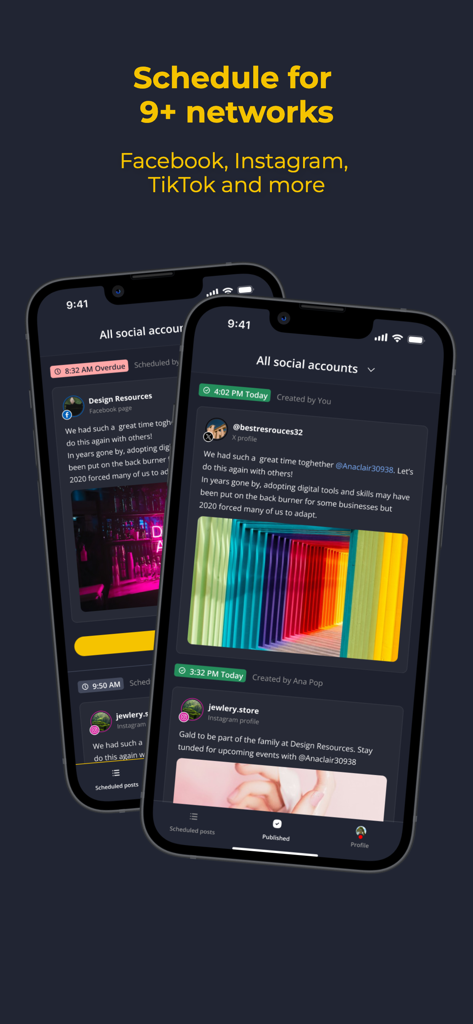 SocialBee app interface on two iPhones showing scheduled and published posts for multiple social media networks.